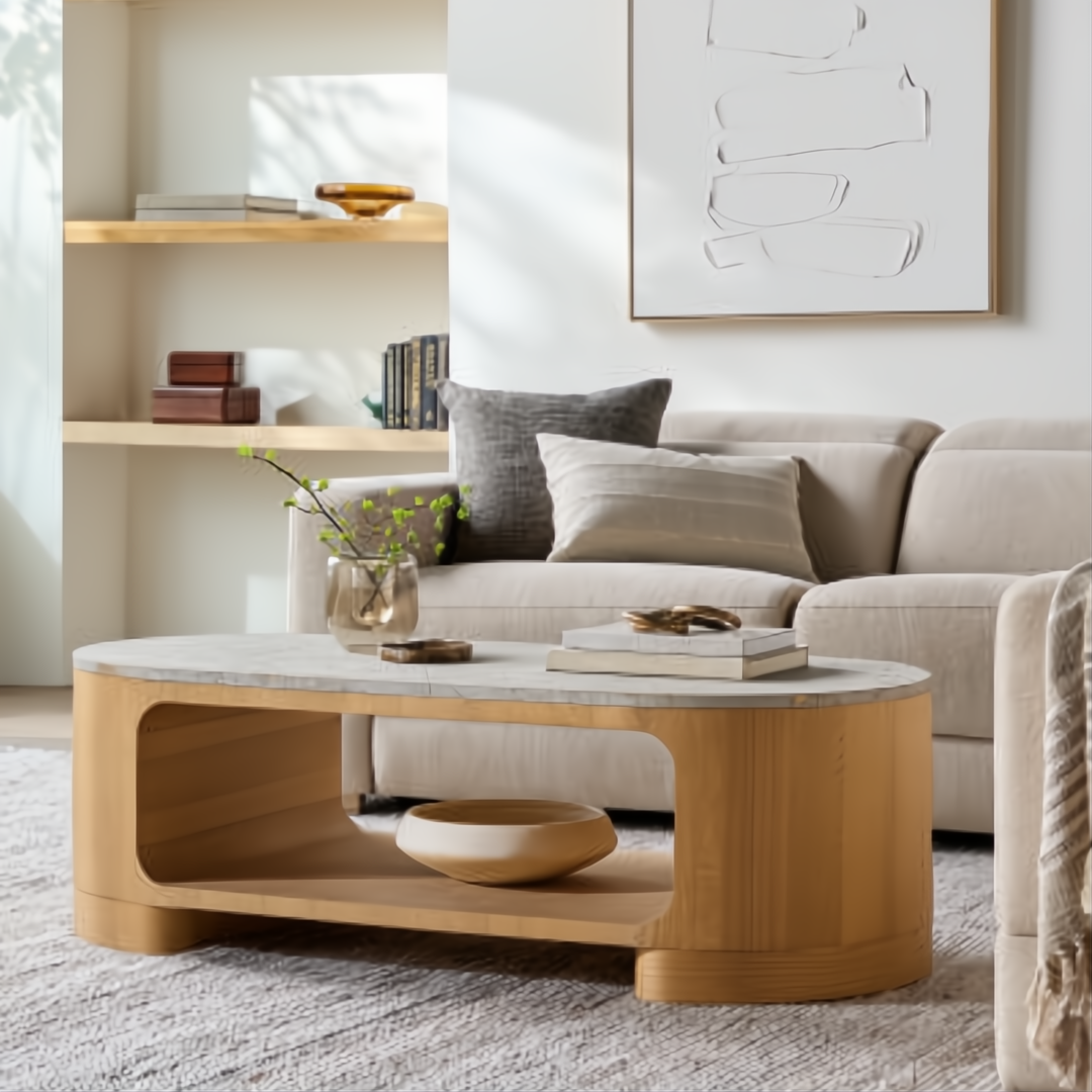 Surya Poros PORS-006 coffee table with light cork veneer top and brown natural oak base.