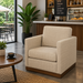 Surya Glendon swivel chair with beige polyester-linen upholstery and a brown rubber wood base.