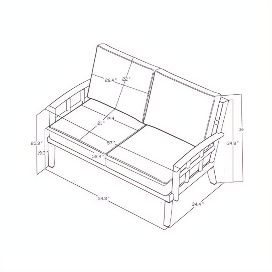 Technical drawing of the Surya Fairborn Loveseat, showing dimensions of the black aluminum frame and cushions.
