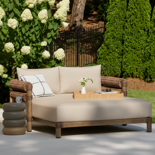 Surya Porta Daybed with beige Sunbrella cushion, brown hand-painted aluminum base, and wicker arms.