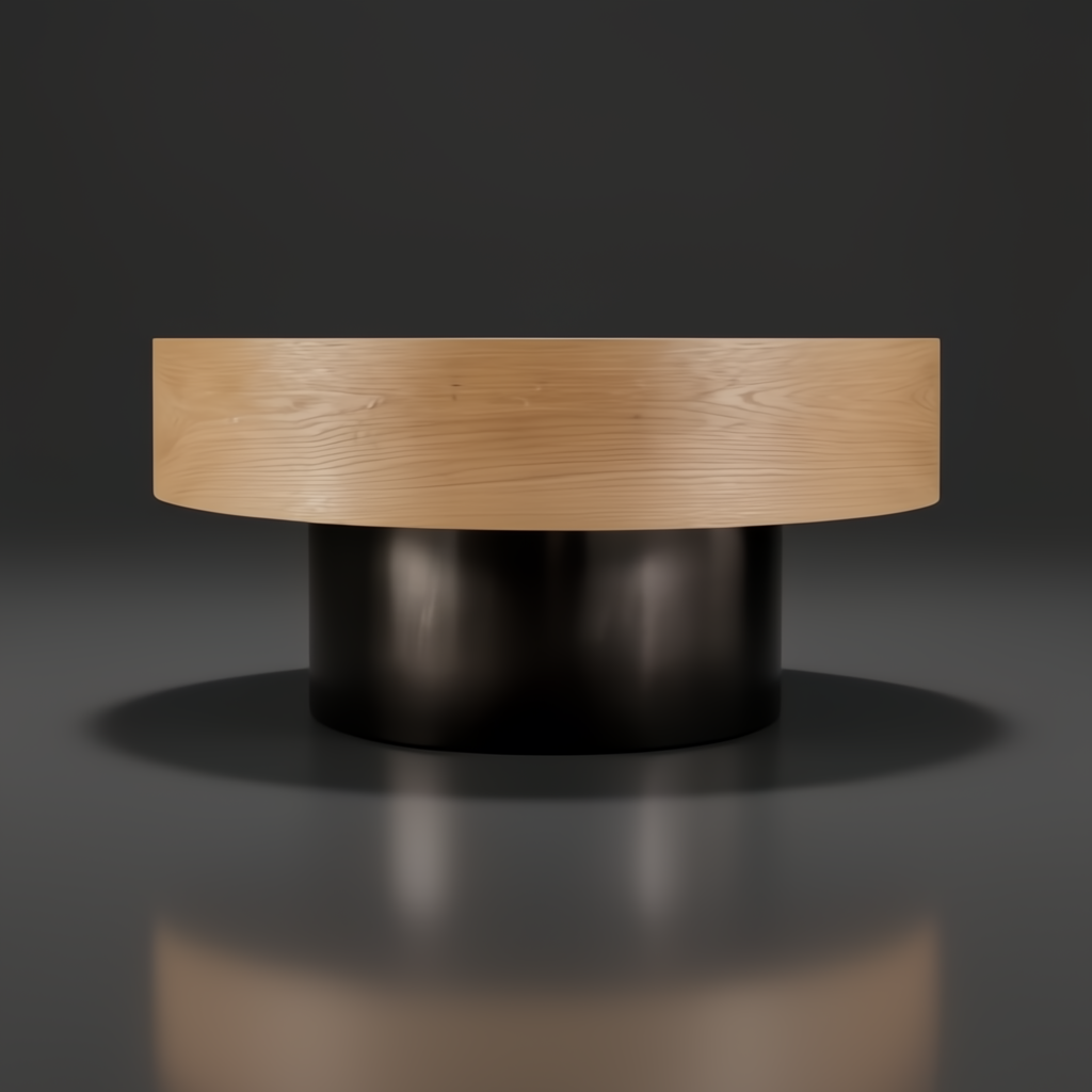 Surya Russula round coffee table with light brown oak top and metallic nickel iron base.