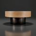Surya Russula round coffee table with light brown oak top and metallic nickel iron base.