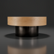 Surya Russula round coffee table with light brown oak top and metallic nickel iron base.
