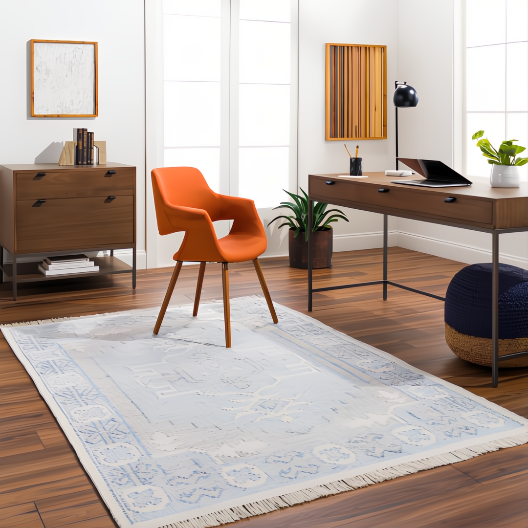 Light blue Surya Burano flatwoven rug with distressed geometric pattern and fringe in a modern office.