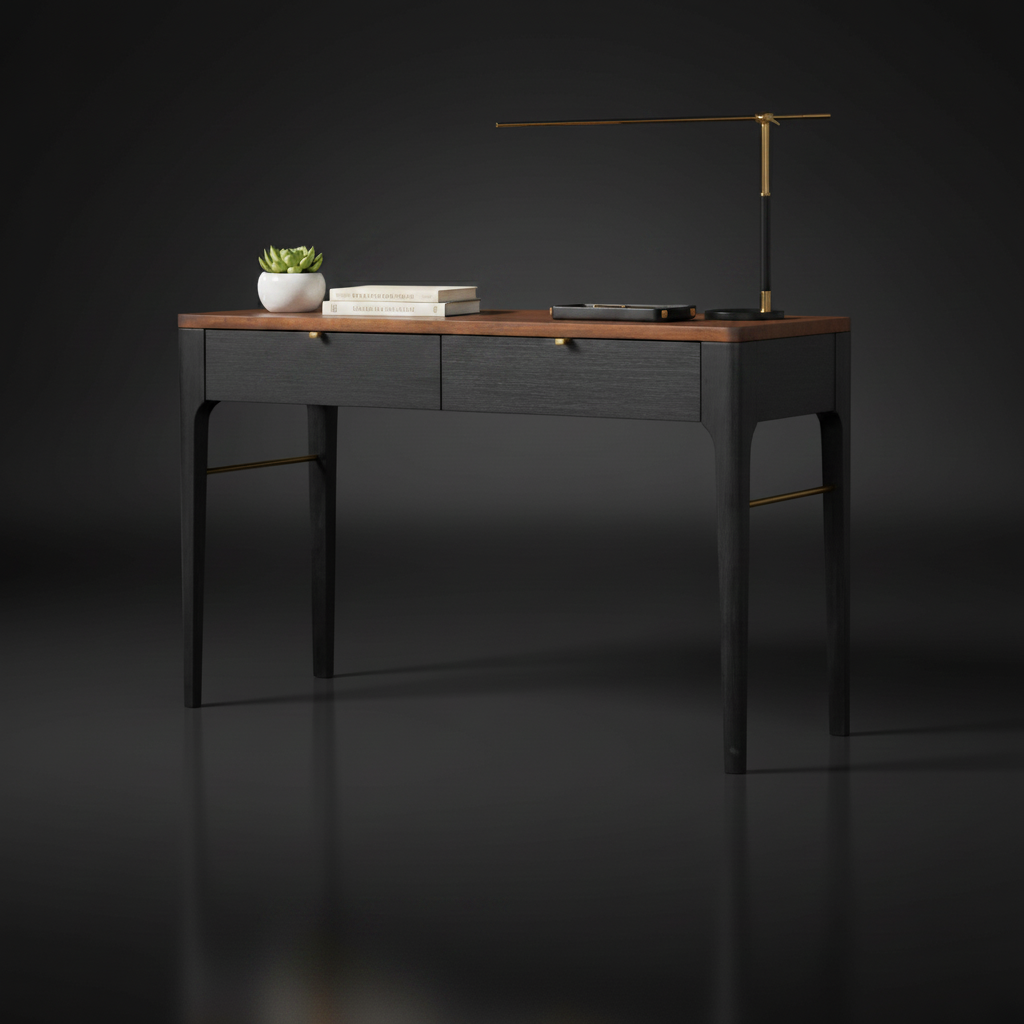 Surya Anello 48"W console table with brown oak veneer top, black drawers, and brass pulls.