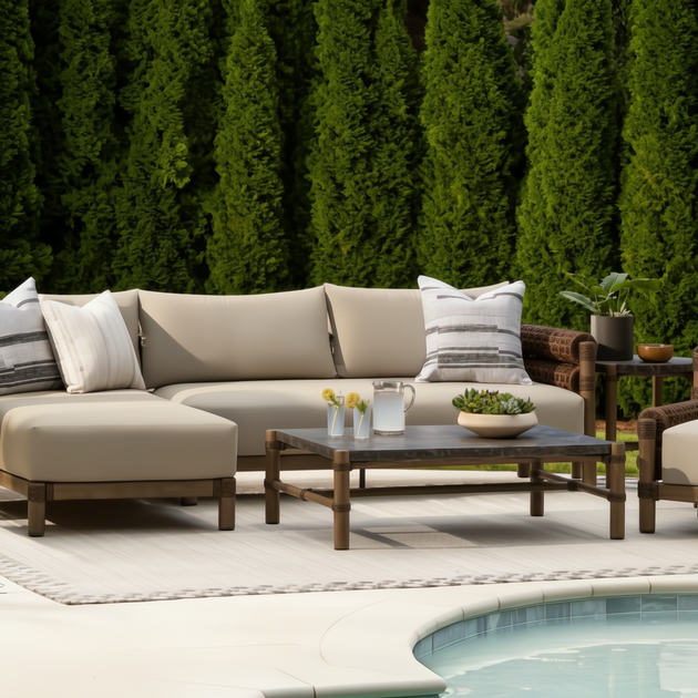 Surya Porta outdoor coffee table with charcoal matte stone top, brown aluminum base, and PE rope detail.