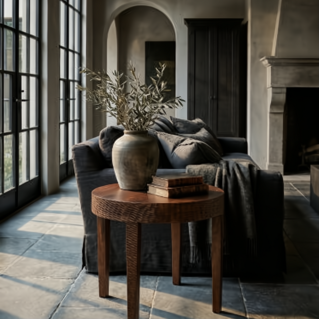 Dobbin End Table: Round brown mango wood end table with a mid-century design, next to a dark sofa.
