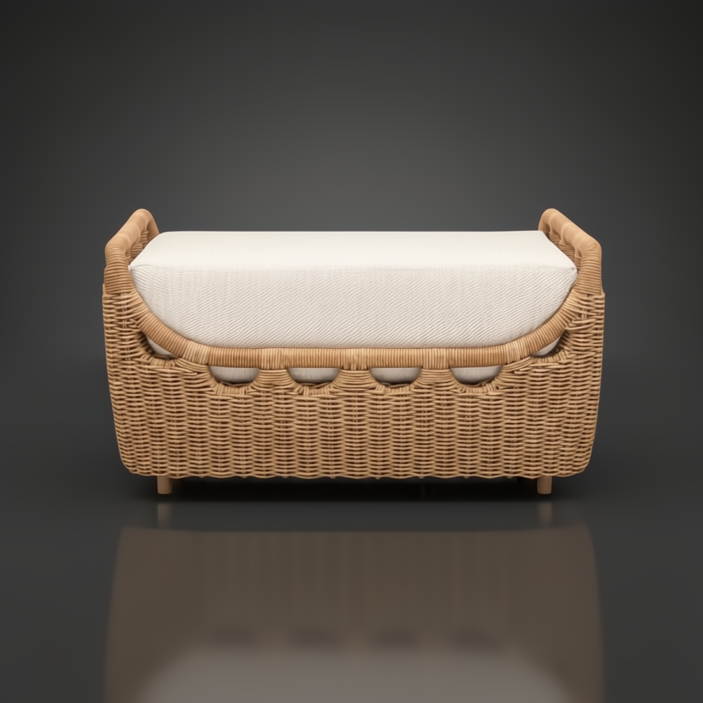 Woven rattan bench with a light beige cushion, featuring a curved design and natural wood legs.