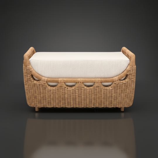 Woven rattan bench with a light beige cushion, featuring a curved design and natural wood legs.