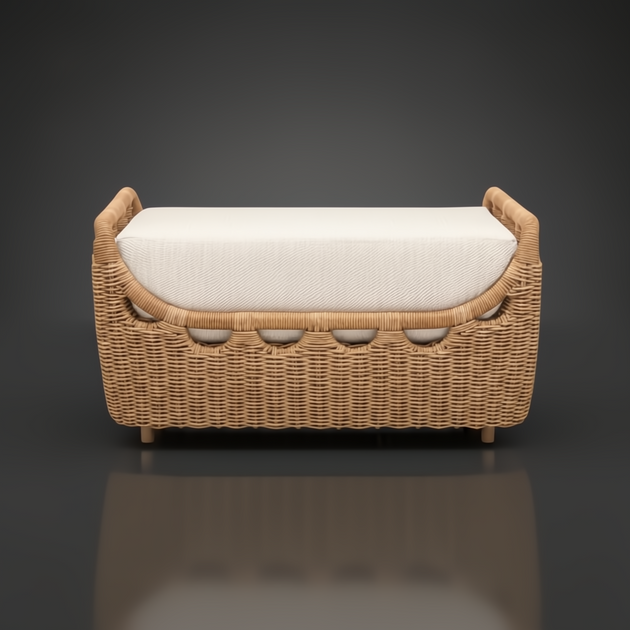 Woven rattan bench with a light beige cushion, featuring a curved design and natural wood legs.