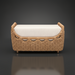 Woven rattan bench with a light beige cushion, featuring a curved design and natural wood legs.