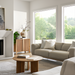 Surya Ronan RNO-001 brown lacquered mango wood cabinet with soft-close doors in a bright living room.