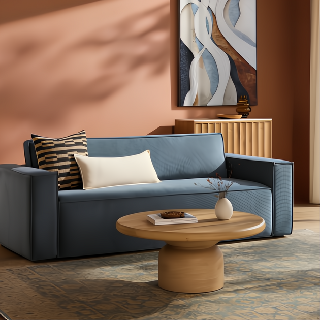 Navy Surya Aira sofa with structured polyester cover, two throw pillows, and a wooden coffee table.