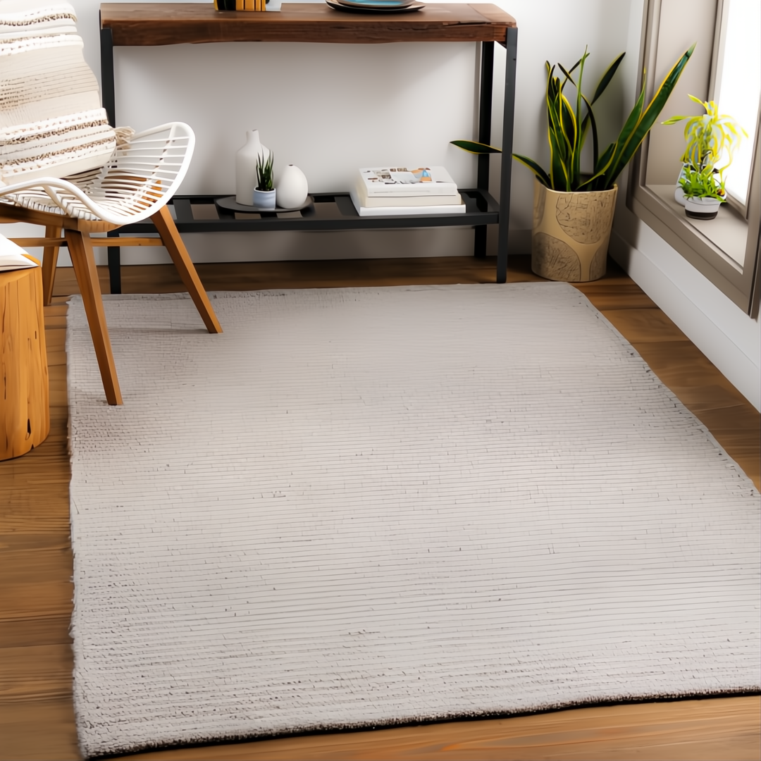 Surya Azalea AZA-2315 light gray hand-woven recycled PET yarn rug with subtle texture in a modern living room.