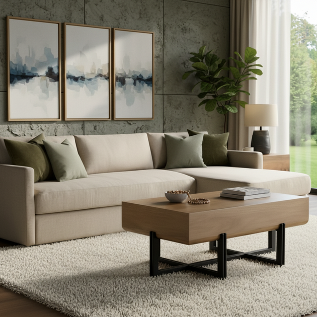Surya Lowmax coffee table with brown mango wood top and black cast iron base in a living room.