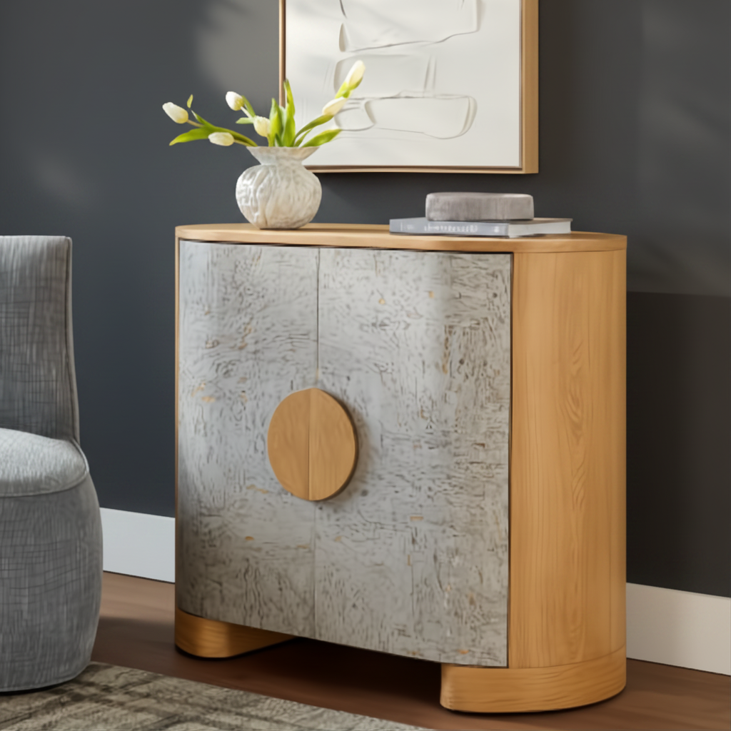 Surya Poros Cabinet with silver gray lacquered cork veneer doors, brown natural oak frame, and round wood handle.