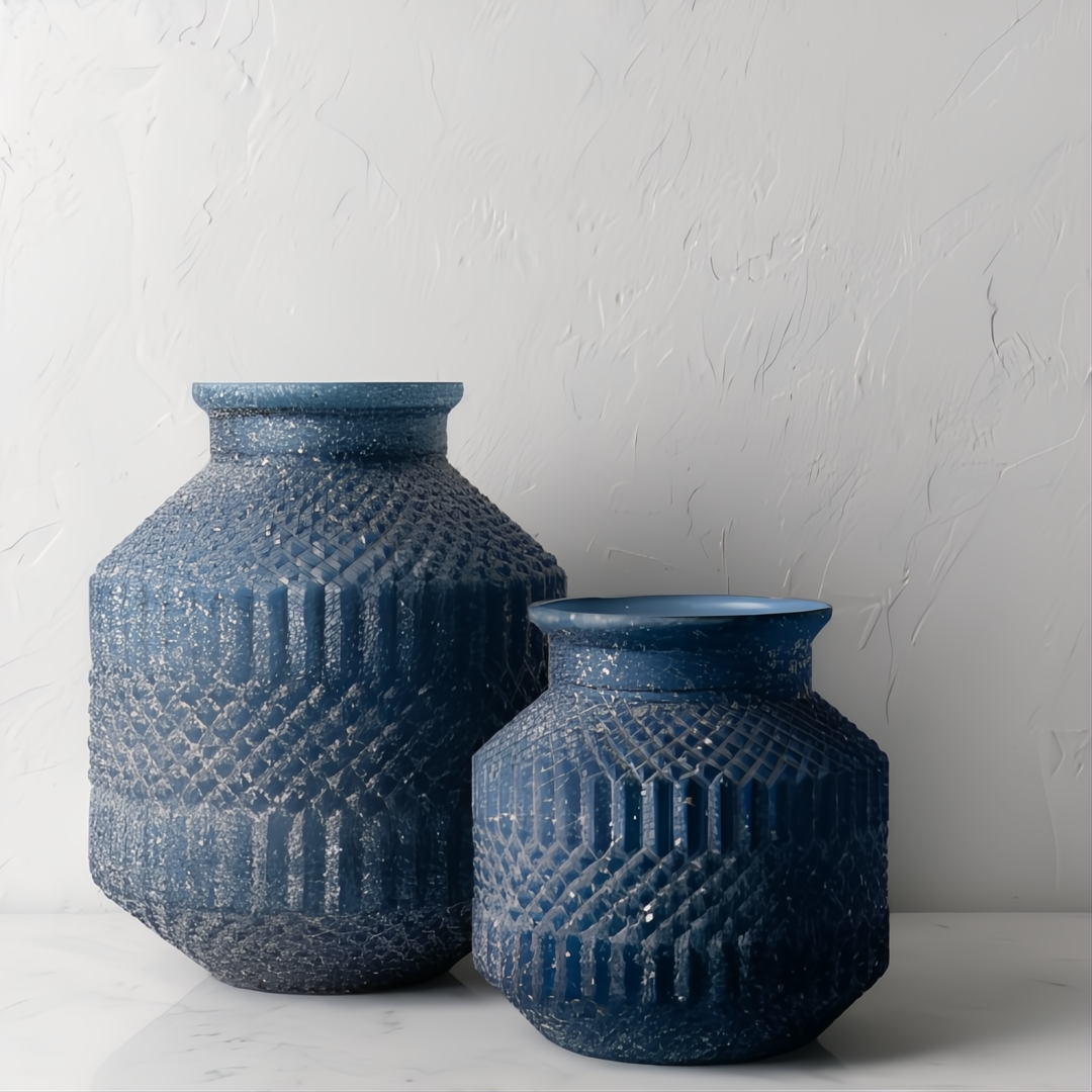 Two blue marbled glass decorative accents with sculptural, textured designs.