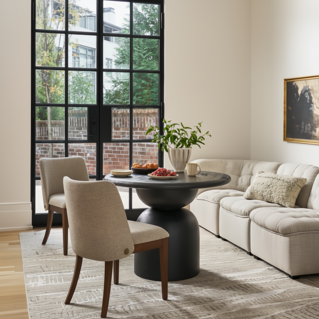 Surya Koben black mango wood dining table with sculptural base, paired with two beige chairs in a modern room.