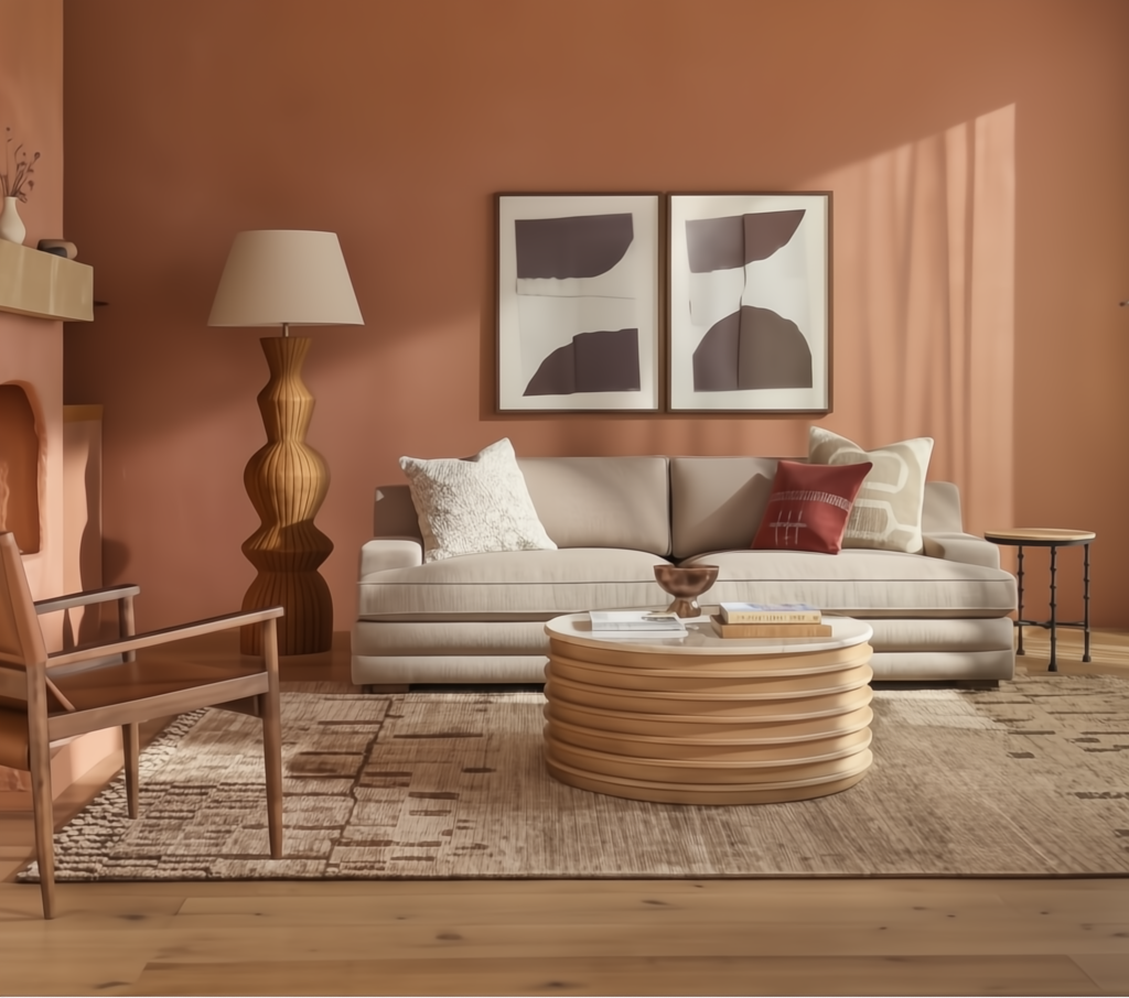 Surya Redondo coffee table with a beige polished marble top and ribbed mango wood base in a modern living room.