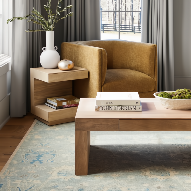 Surya Coburn coffee table: minimalist modern brown mango wood, 16"H x 48"W x 24"D, in a living room.