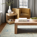 Surya Coburn coffee table: minimalist modern brown mango wood, 16"H x 48"W x 24"D, in a living room.