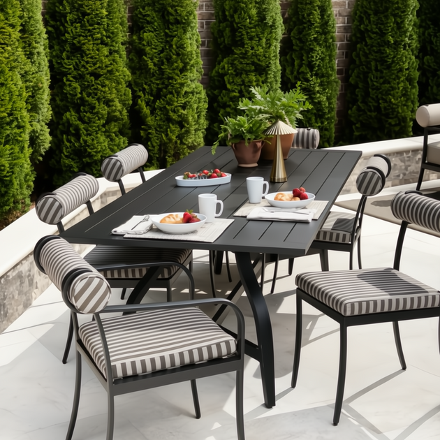 Surya Antibes outdoor dining set with black table and striped Sunbrella chairs on a patio.