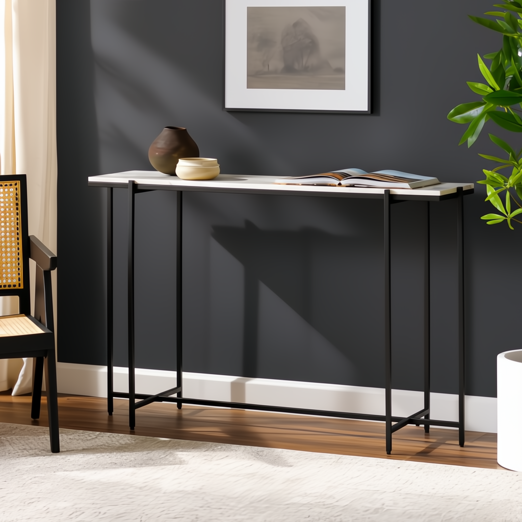 Surya Anaya console table with white natural marble top and black iron base in a modern entryway.
