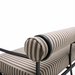 Surya Antibes outdoor sofa with brown and beige striped Sunbrella fabric, black aluminum frame, and bolster armrest.