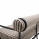 Surya Antibes outdoor sofa with brown and beige striped Sunbrella fabric, black aluminum frame, and bolster armrest.