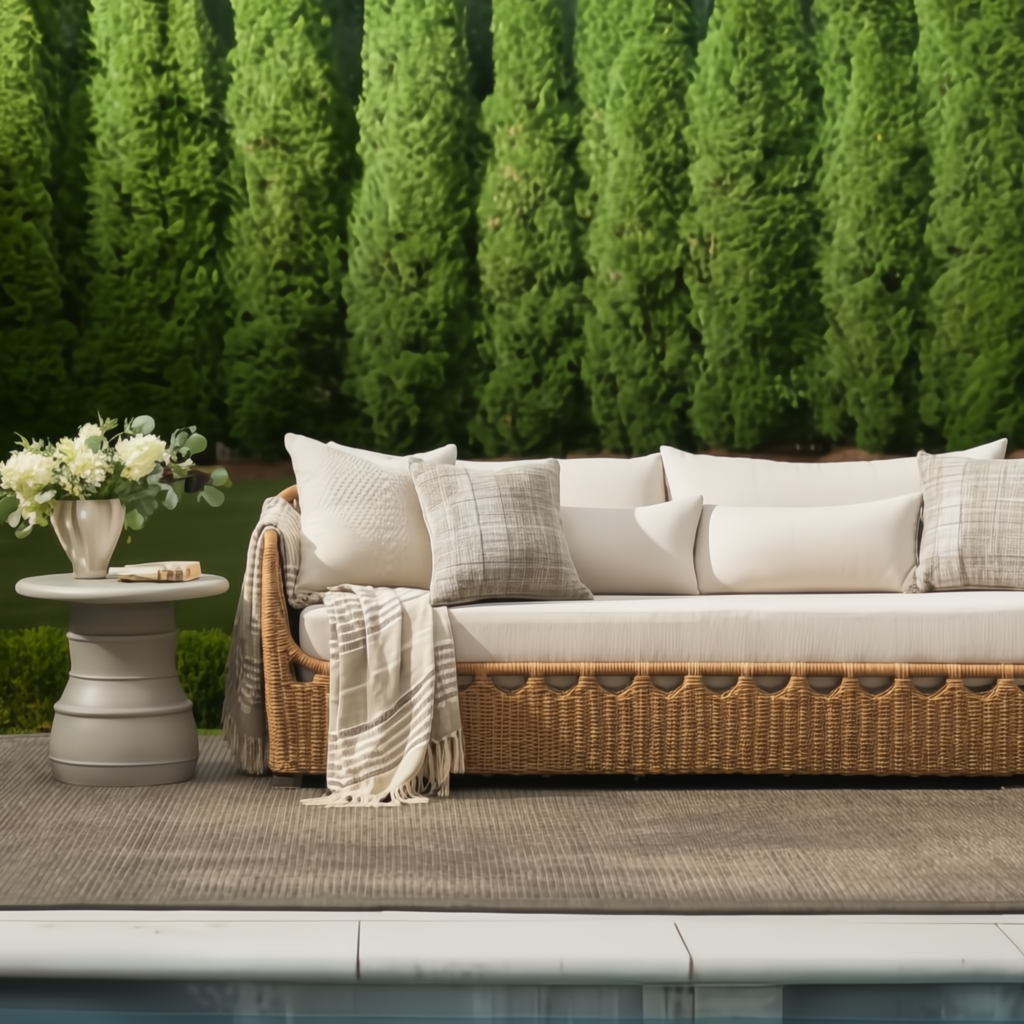 Surya Marvella outdoor sofa with light cushions, woven base, and throw pillows on a patio.