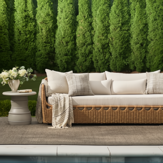 Surya Marvella outdoor sofa with light cushions, woven base, and throw pillows on a patio.