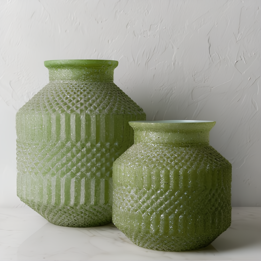 Set of two green marbled glass decorative accents with sculptural form and unique patterns.