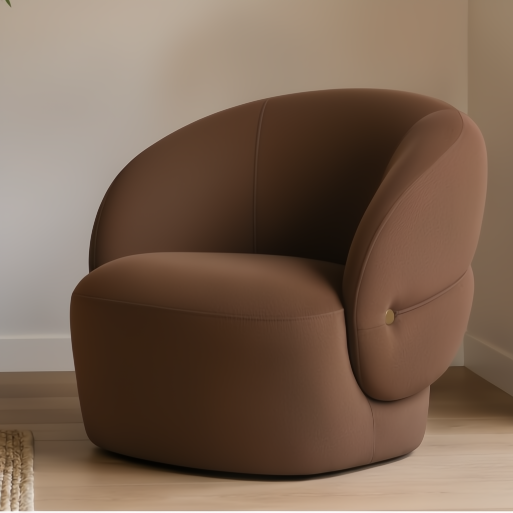Surya Katarina accent chair, brown polyester, with a curved back and rounded seating, featuring a brass button detail.