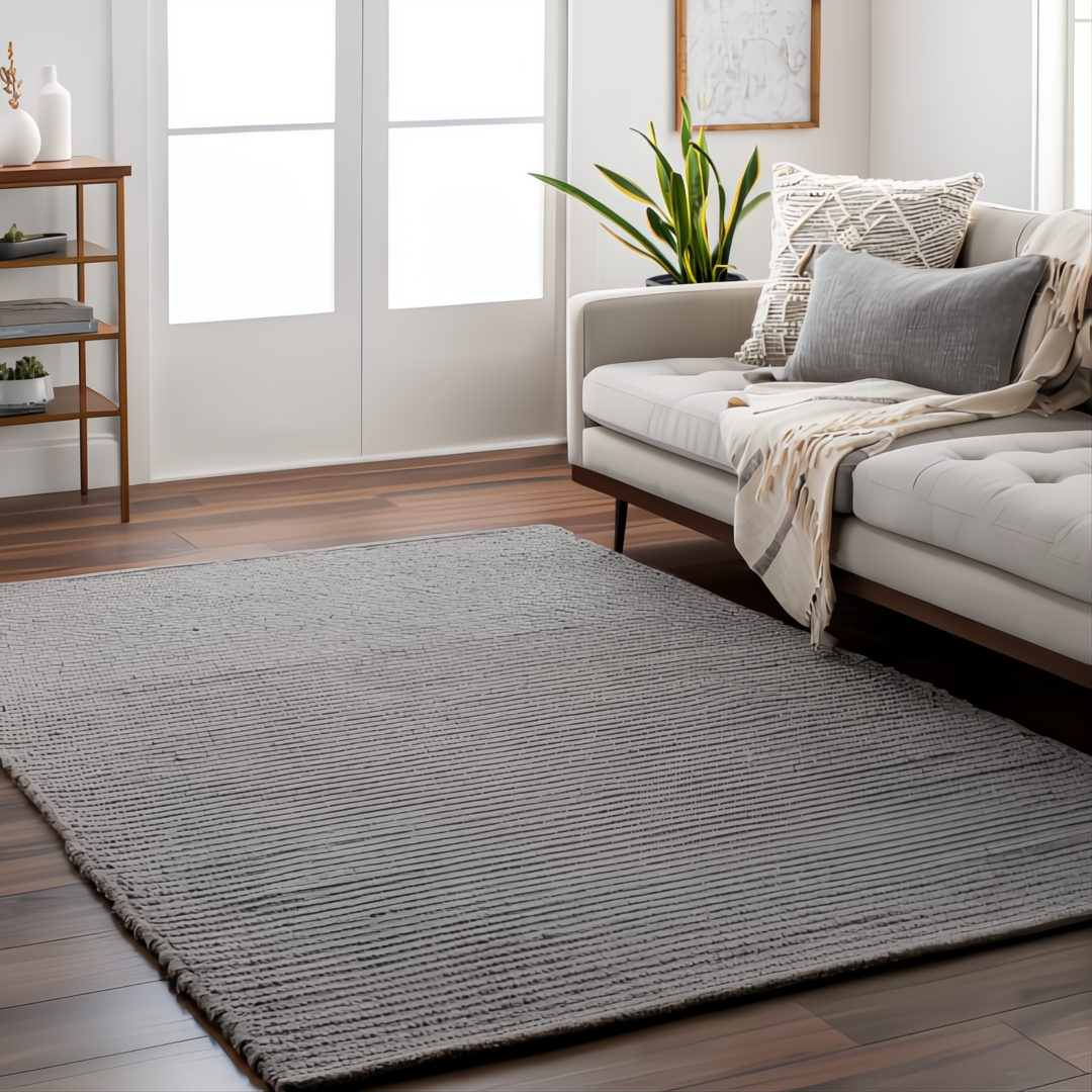 Surya Azalea AZA-2316 hand-woven gray recycled PET yarn rug with a minimalist ribbed design in a living room.