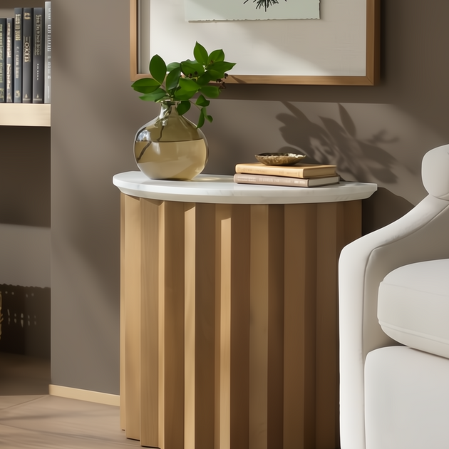 Surya Piestra end table with white marble top, brown fluted mango wood base, and demilune shape.