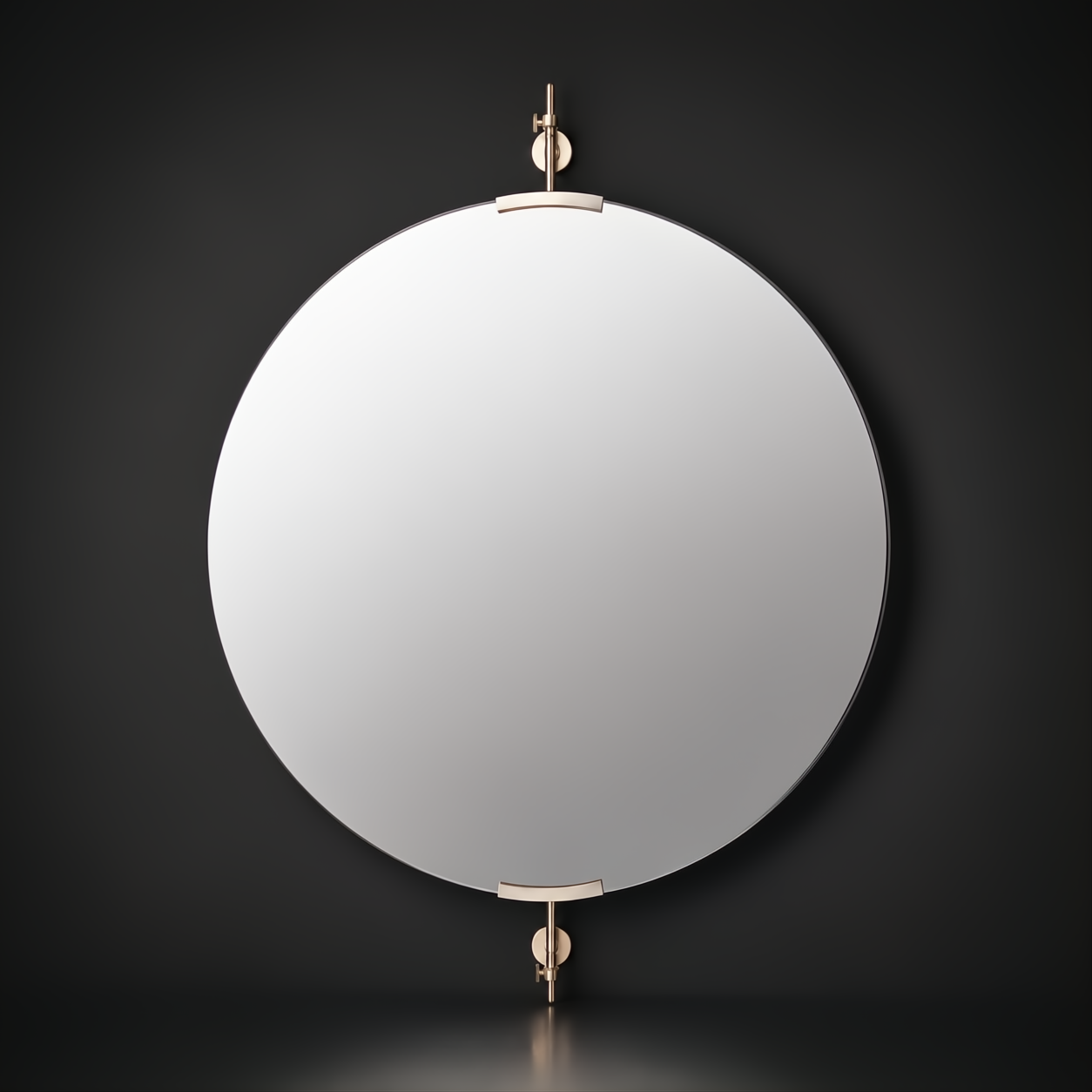 Round mirror with brass accents on a dark wall.