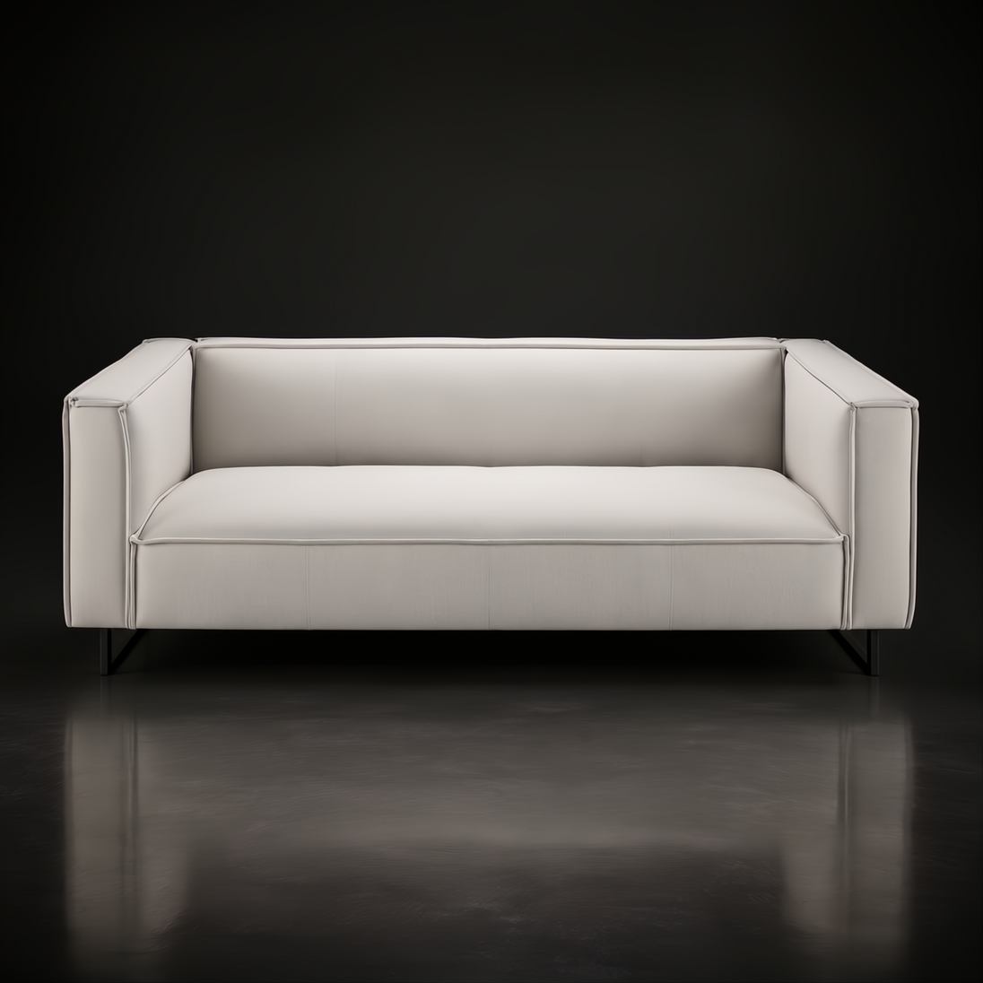 Light gray linen Surya Dylan sofa with a clean modern design and black iron base.