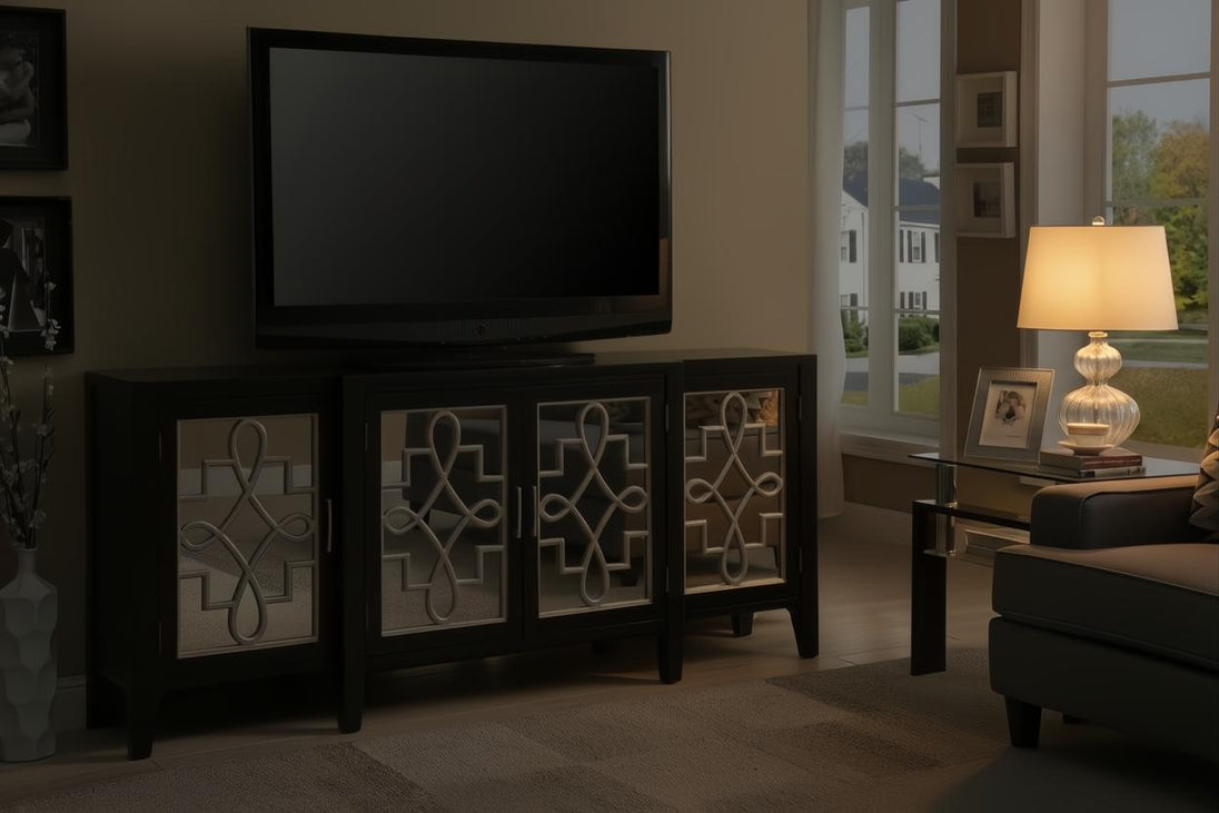 Antique black console table with mirrored doors and decorative fretwork, supporting a large TV.