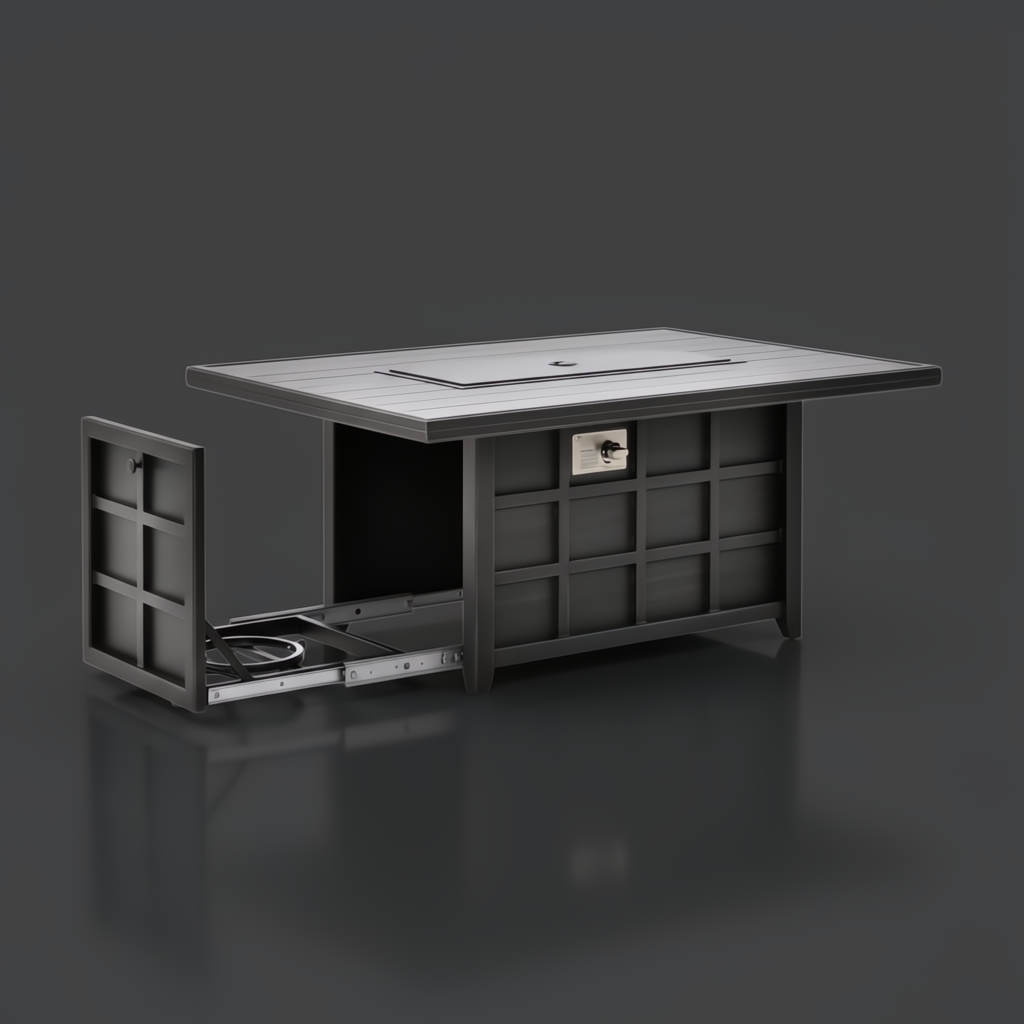 Black hand-painted aluminum Surya Fairborn Fire Table with a pull-out propane tank tray.