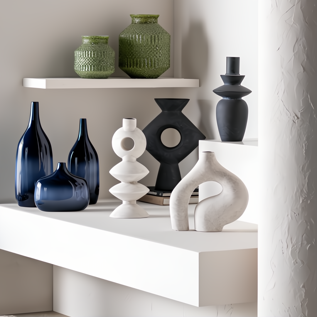 Assorted decorative accents: green textured vases, blue glass bottles, and sculptural white/black pieces.