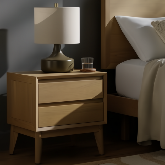 Pryce mid-century modern oak veneer nightstand with two drawers and brown finish.