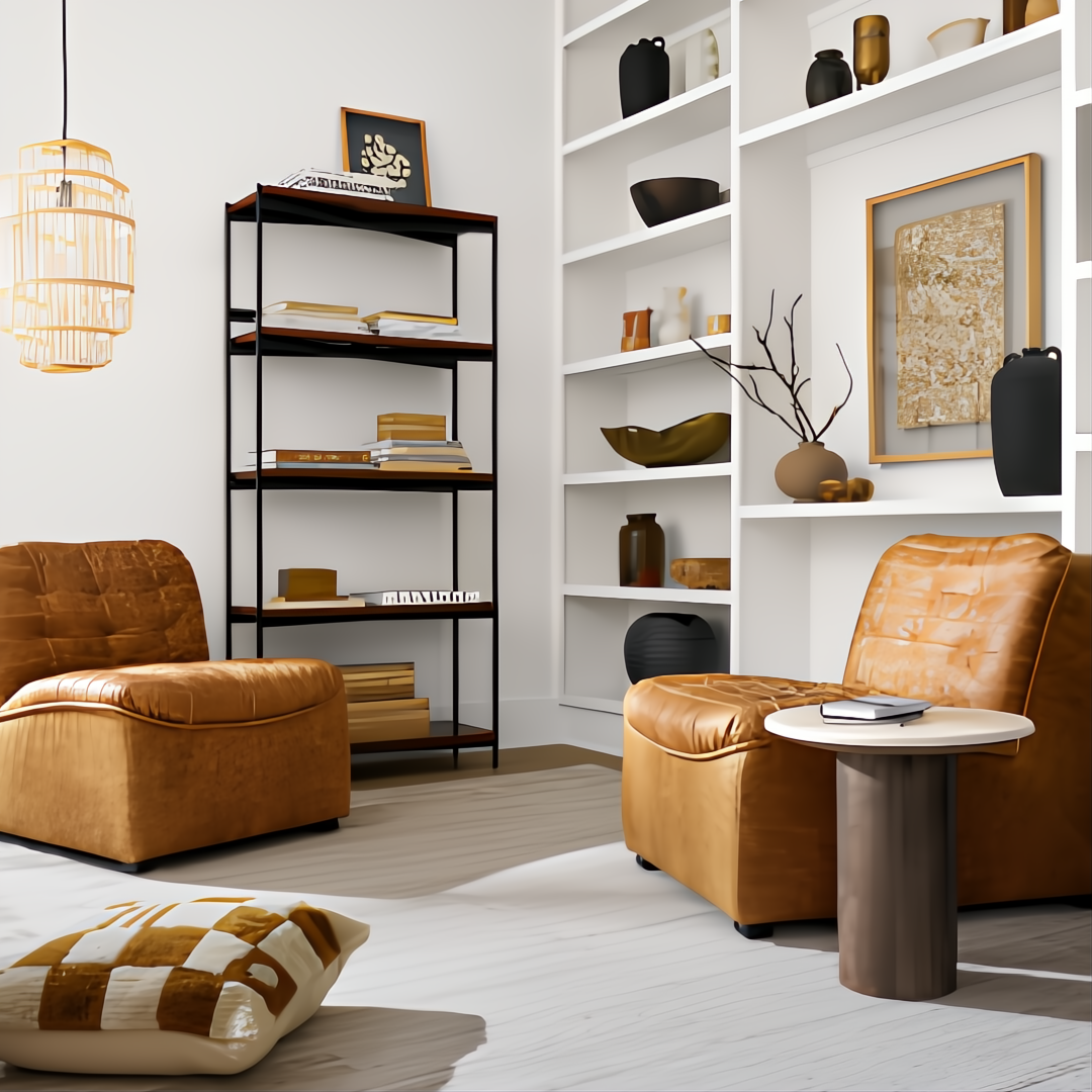 Two brown leather modular chairs with black bases in a contemporary living room with white shelves.