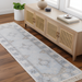 Light blue Surya Bursa runner rug with subtle floral patterns and fringe, made from recycled PET yarn.