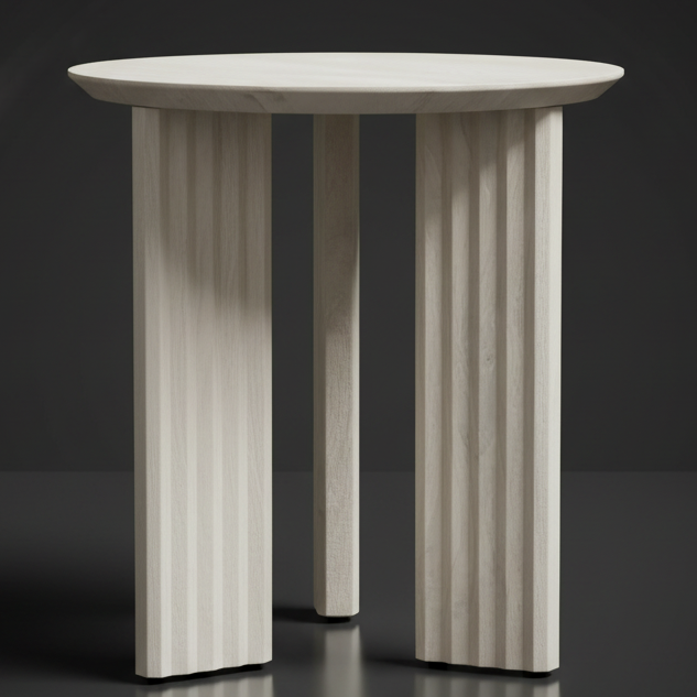 White washed mango wood round end table with a beveled top and zigzag fluted legs.