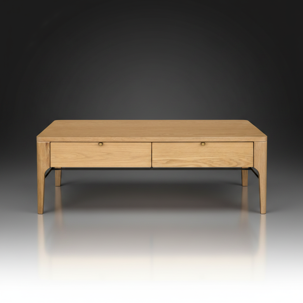 Modern rectangular light brown wood coffee table with two drawers and tapered legs.