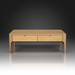Modern rectangular light brown wood coffee table with two drawers and tapered legs.