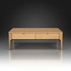 Modern rectangular light brown wood coffee table with two drawers and tapered legs.