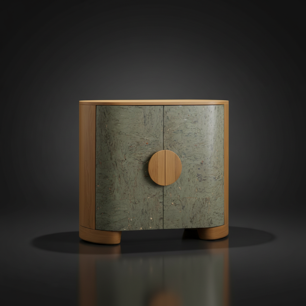 Surya Poros Cabinet with green lacquered cork veneer doors, brown natural oak base, and round wood handle.