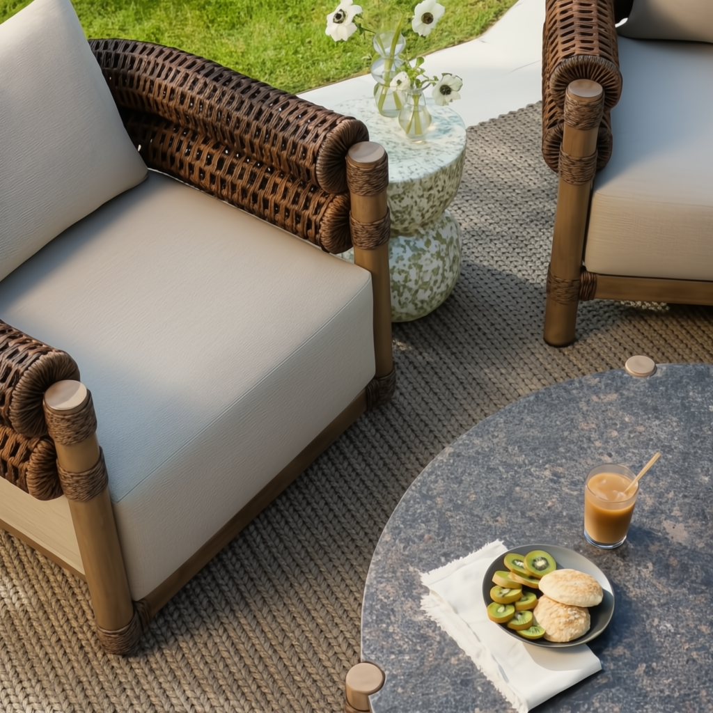 Brown wicker and aluminum Surya Porta Accent Chair with quick-dry Sunbrella cushion on an outdoor patio.