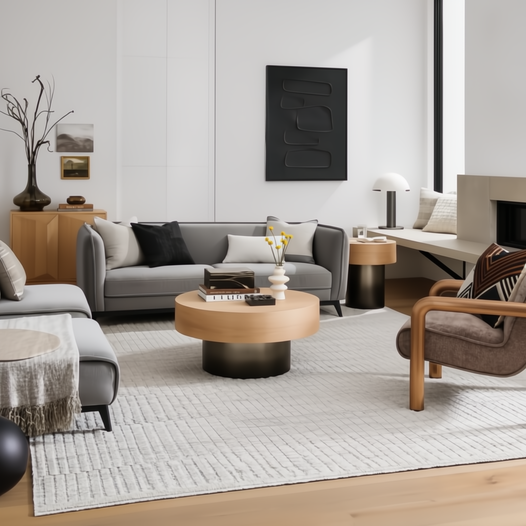 Surya Russula 36" round oak coffee table with metallic nickel base in a modern living room.